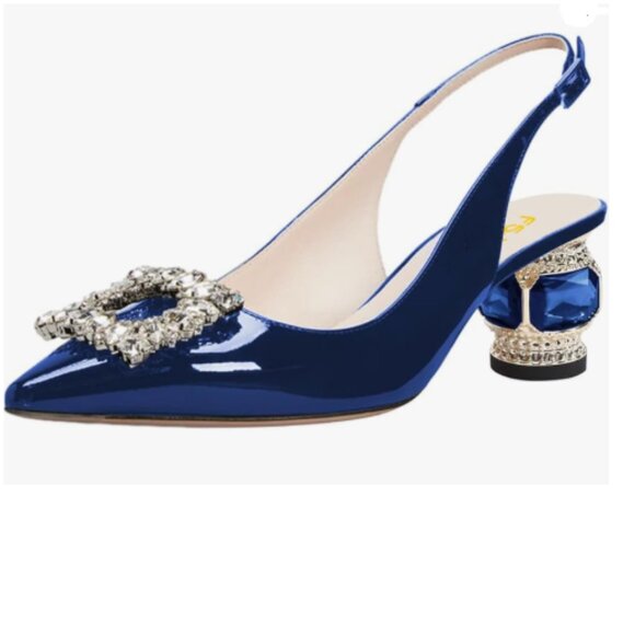 FSJ Blue Crystal Square Buckle Pointed Toe Slingback Rhinestone Heel Sandals - Picture 1 of 8